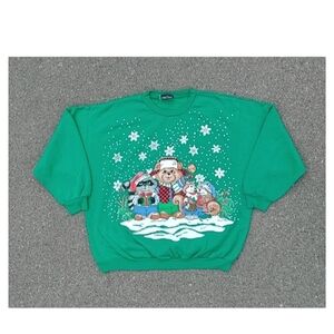 Vtg 1980s Animals Christmas All Over Print Crew Neck Cabin Creek Oversized Drop